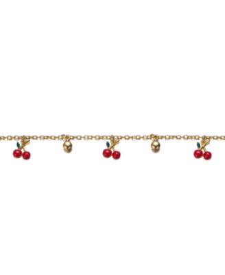14k Yellow Gold Plated Adjustable Bracelet with Red Enamel Cherry Charms for Kids