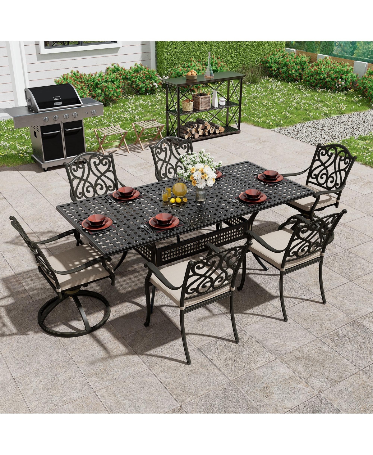Mondawe 7 Pieces Rectangular Outdoor Dining Set and 2 pcs Swivel Chair with Cushions -khaki