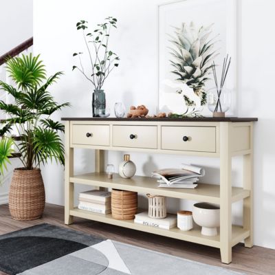 Streamdale Retro Console Table with Open Shelves and Pine Frame