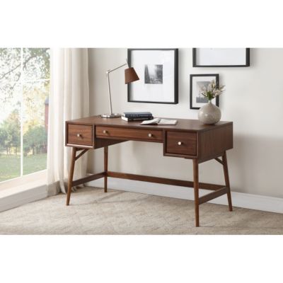 Brown Finish Stylish Writing Desk Storage Drawers Nickel Knob Hardware Walnut Veneer Wood Furniture