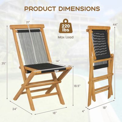 2 PCS Patio Folding Chairs with Woven Rope Seat & Back Solid Teak Wood for Porch