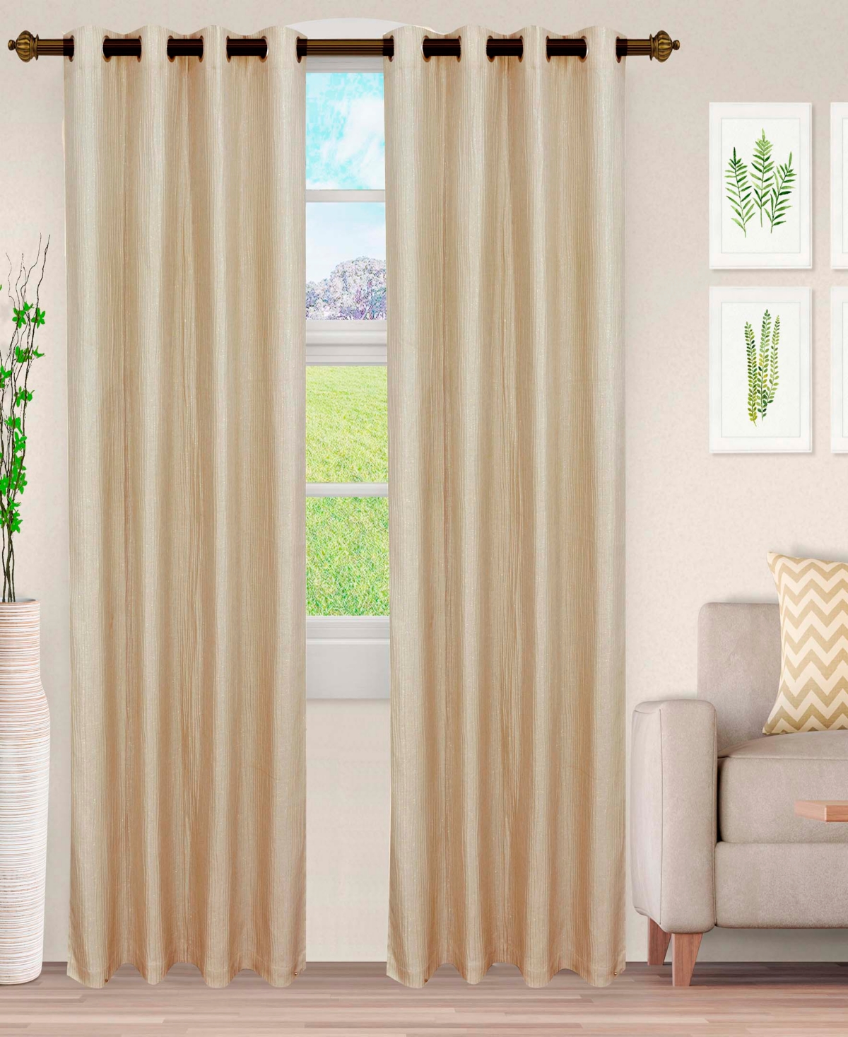 Metallic Cascade Textured Window Curtain Panel Set with Grommet Header, 52 X 108 - Sand