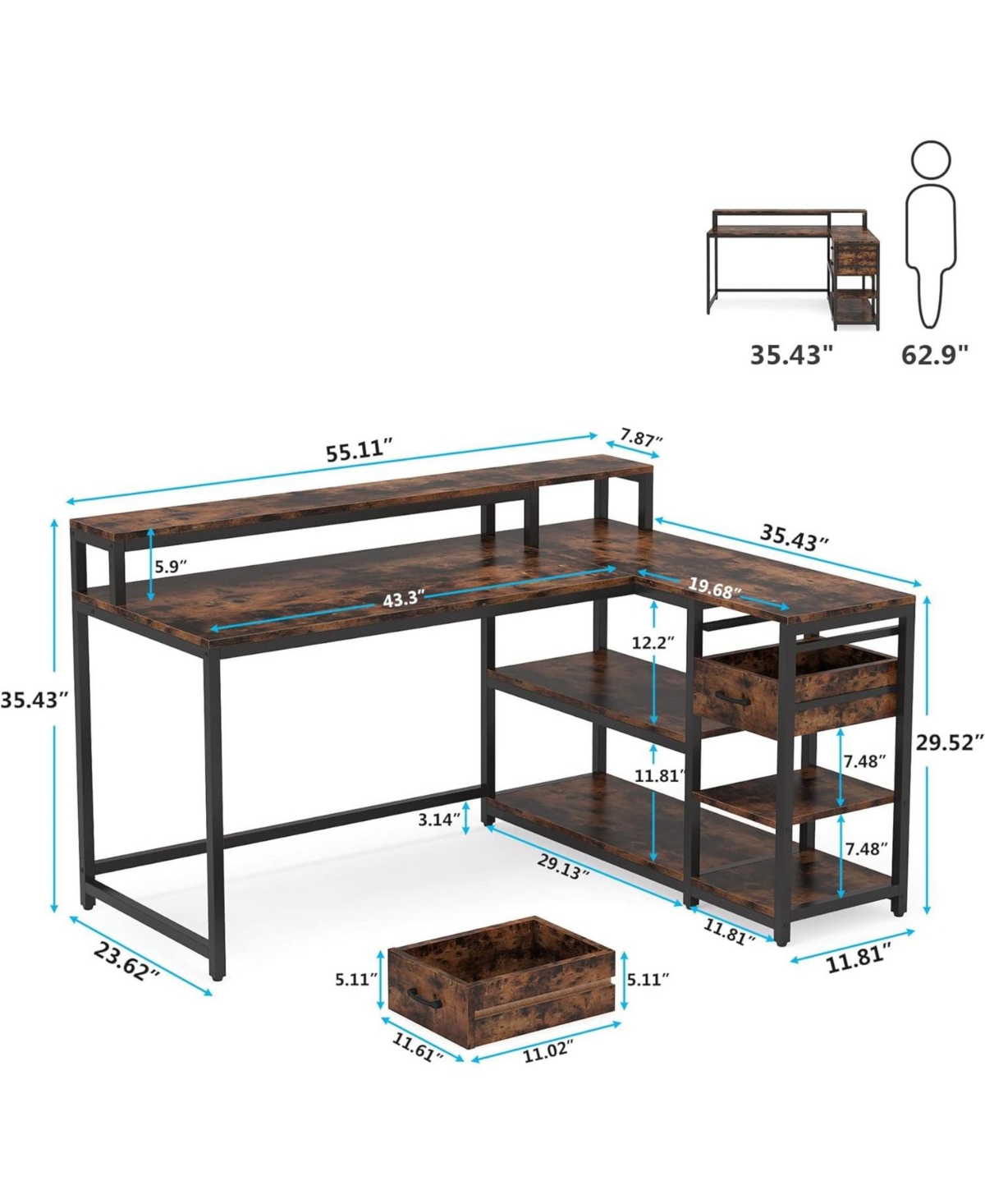 Tribesigns Reversible Shaped Desk with Drawer, Industrial Corner Desk Table with Storage Shelves and Monitor Stand, Rustic Wooden and Metal Pc Des