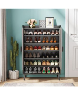 Shoe Cabinet with Adjustable Shelves and Doors, Entryway Shoe Storage Cabinet, Gray/Black