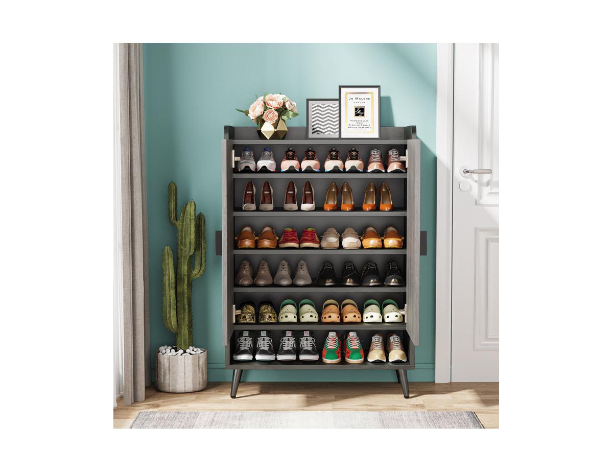 Tribesigns Shoe Cabinet with Adjustable Shelves and Doors, Entryway Shoe Storage Cabinet, Gray/Black - Black and grey