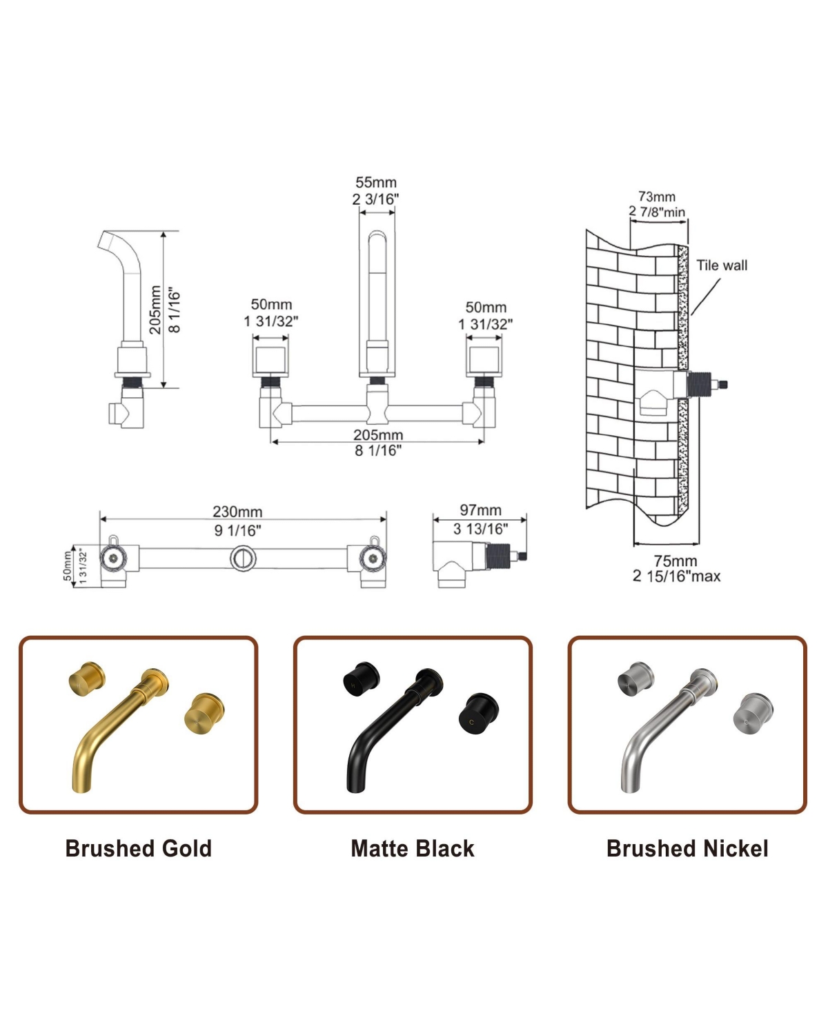 Mondawe Wall Mounted Widespread Double-Handle Bathroom Faucet in Brushed Gold for Bathroom, Vanity, Laundry