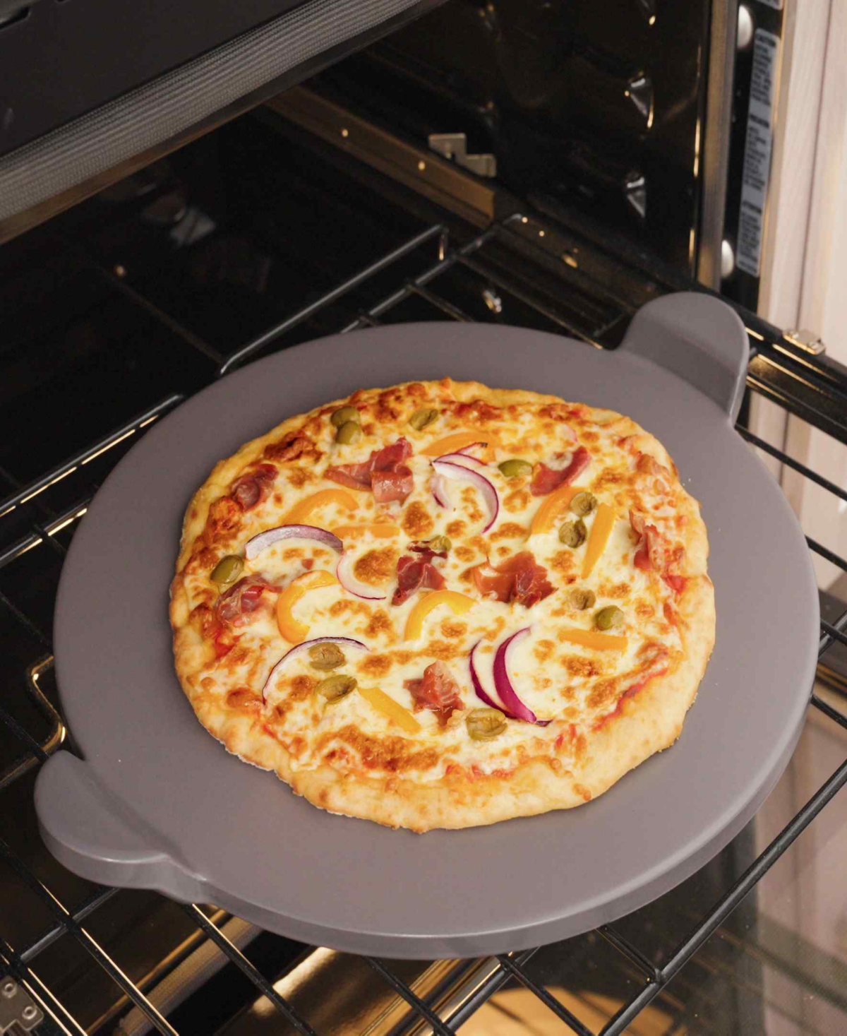 Old Stone 13 Inch Glazed Round Pizza Stone With Handles Heat Resistant Up To 1,100°f. Ideal For Use In Residen In Gray