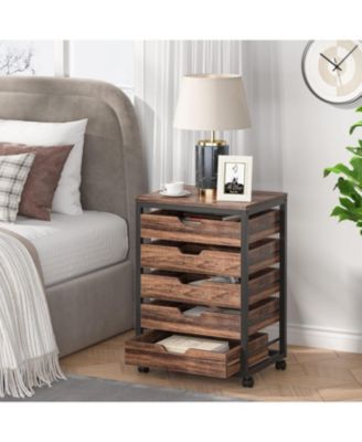 5 Drawer Chest, Wood Storage Dresser Cabinet with Wheels, Industrial Storage Drawer Organizer Cart for Office Bedroom Entryway