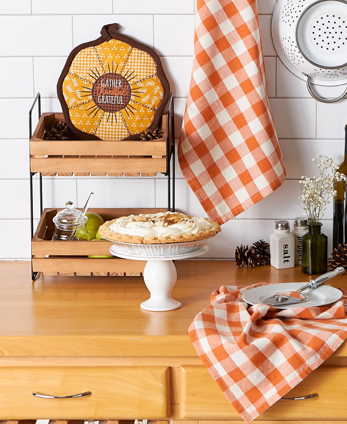 Design Imports Fall Kitchen Decor Collection Dish Towel Potholder Hostess Gift Set, Sunflowers/orange Buffalo Check In Sunflowers,orange Buffalo Check