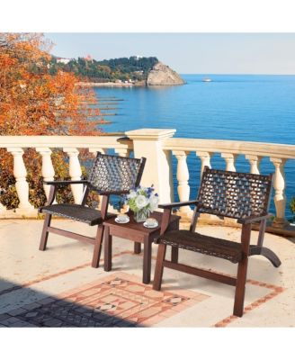 3PCS Rattan Patio Chair & Table Set Outdoor Furniture Set w/ Wooden Frame