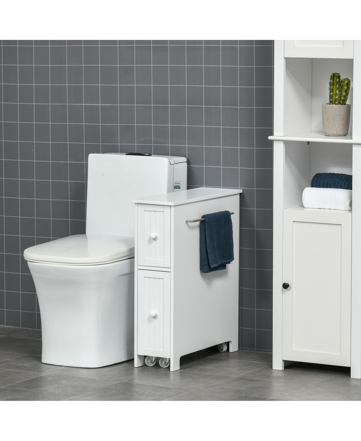 Kleankin Slim Bathroom Cabinet, Freestanding Storage Cabinet, Toilet Paper Holder with Two Drawers, Side Towel Rack, and Wheels, 7 x 20.5 x