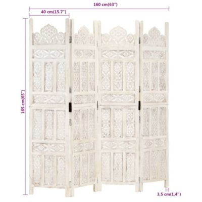 Hand carved 4-Panel Room Divider White 63"x65" Solid Mango Wood