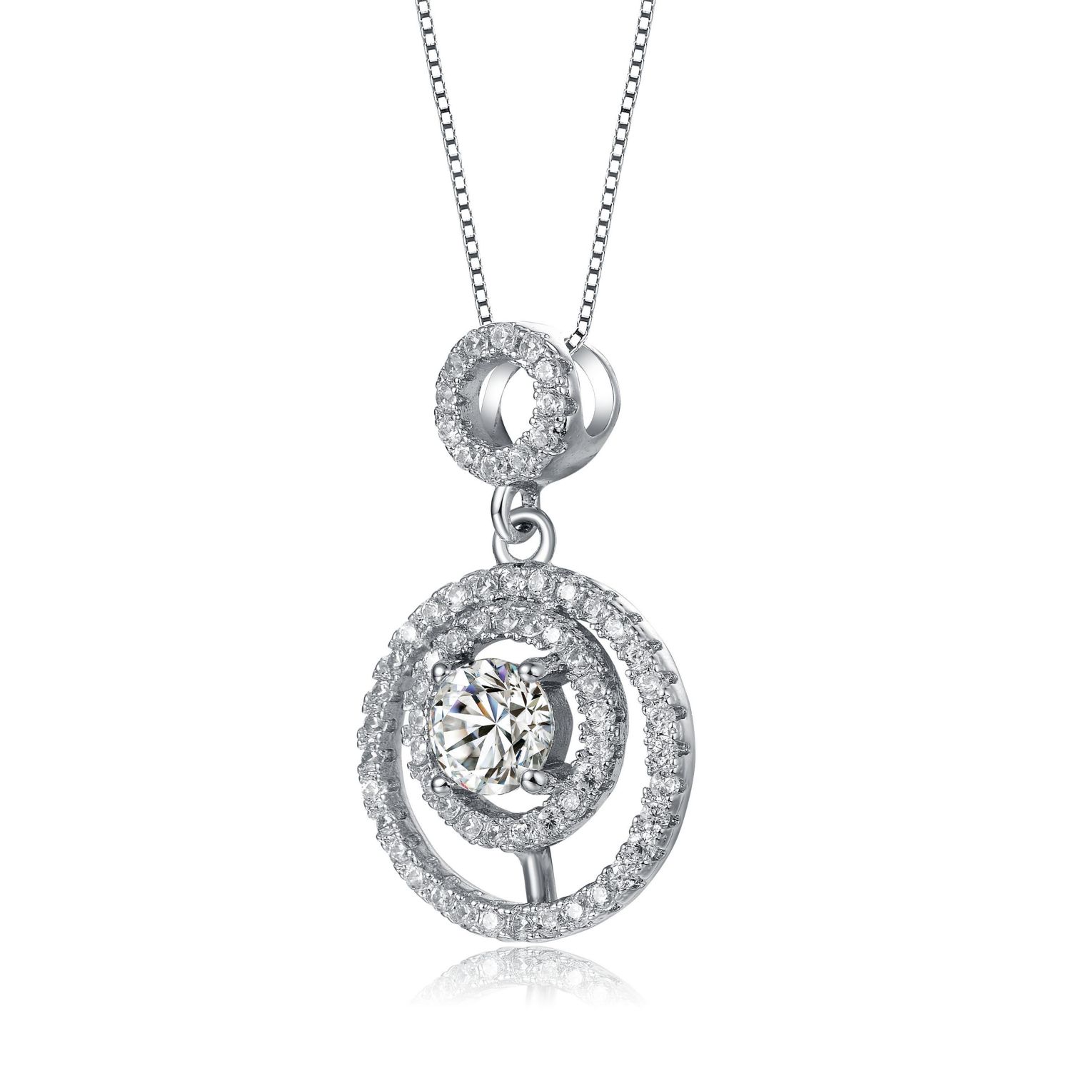 White Gold Plated CZ Double Halo Drop Pendant Necklace