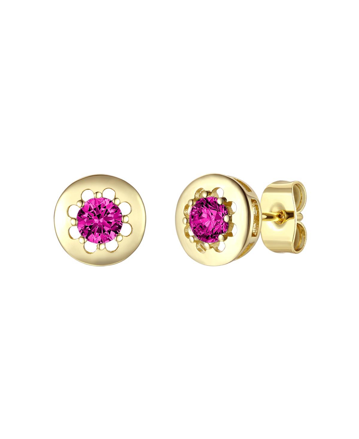 14k Gold Plated with Ruby Cubic Zirconia Round Solitaire Bezel Stud Earrings - Red