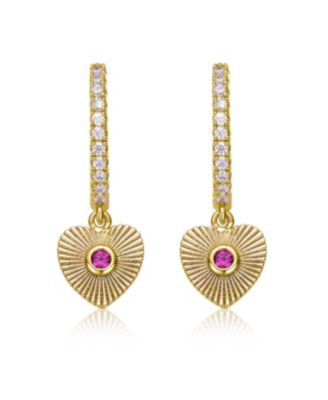 14k Yellow Gold Plated with Cubic Zirconia Sunray Heart Dangle Charm Hoop Earrings