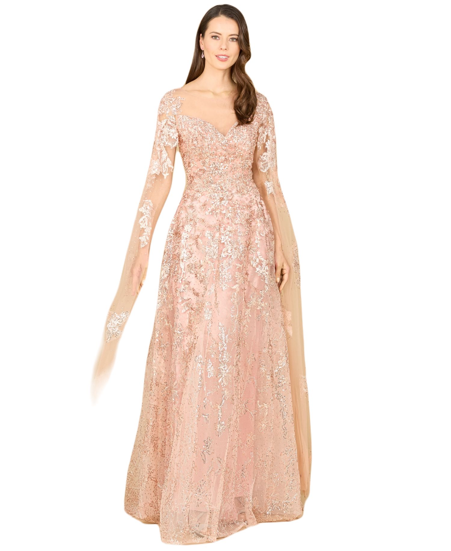 Women's Long Bell Sleeve Boat-Neck Beaded Gown