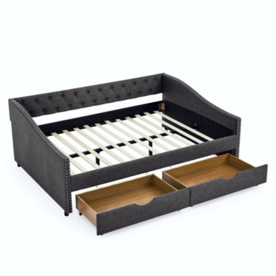  Upholstered Tufted Daybed with Drawers and Copper Nail Detail