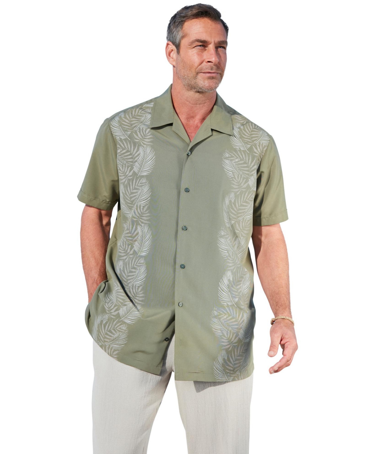 Big & Tall Short Sleeve Island Shirt - Safari green leaf