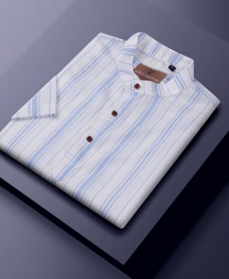 Men's Linen Stripped Banded Collar Button Up