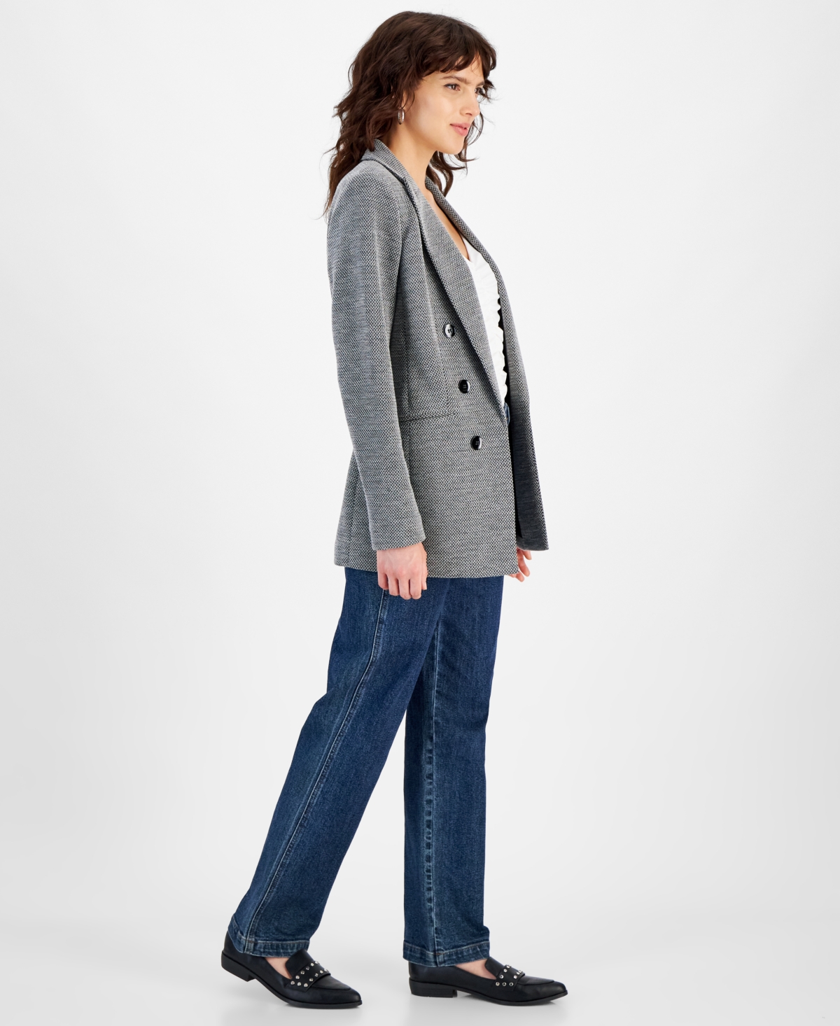 Bar Iii Women's Herringbone Open-Front Faux-Button Blazer, Created for Macy's -White Multi