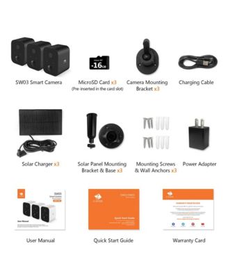 3 Packs 1080P Full HD Wireless Smart Cameras with Solar Panels and 16GB TF Card, Supports Night Vision, Wi-Fi and Smartphone App