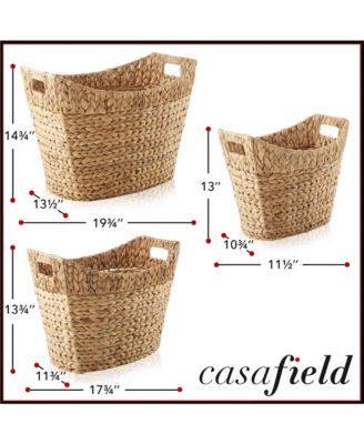 Set of 3 Oval Baskets with Handles - Natural, Water Hyacinth Woven Storage Totes for Blankets, Laundry, Bathroom, Bedroom, Living Room