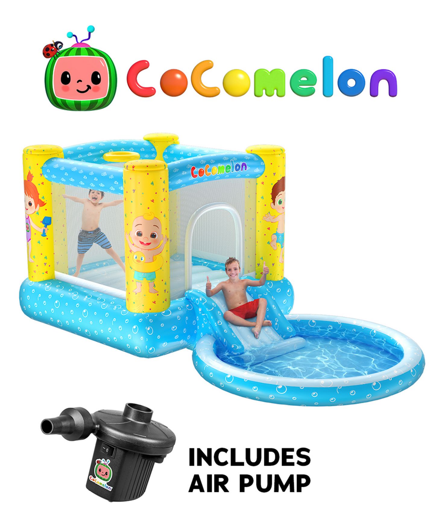 Детская игрушка World Tech Toys Cocomelon Jump N' Slide Inflatable Bouncer with Slide and Pool, For Up to 3 Kids, от 3 лет — фото 1