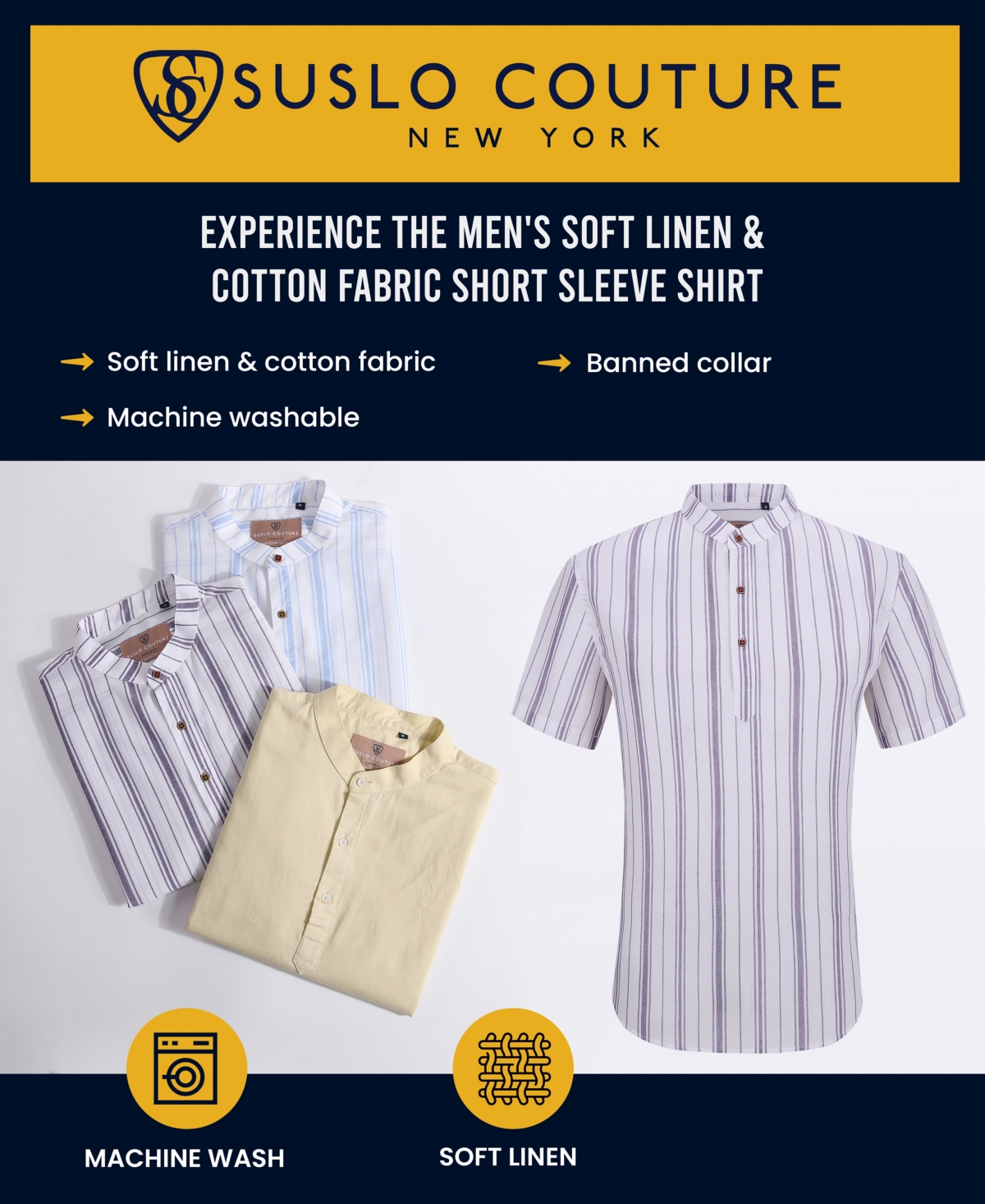 Shop Suslo Couture Men's Linen Stripped Banded Collar Button Up In Blue
