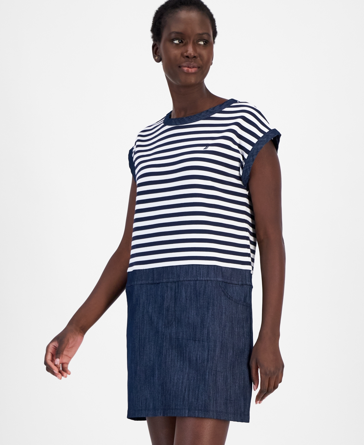 Nautica Jeans Women's Colorblocked Striped Shift Dress In Nigh Sky,b