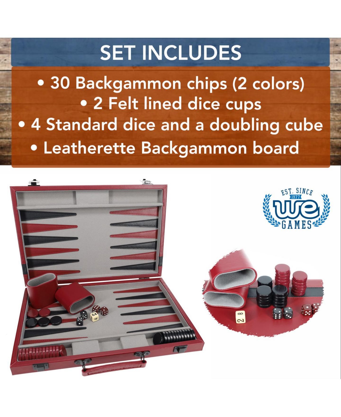 Детская настольная игра WE Games Leatherette 2-Player Backgammon Board Game, Ages 14+, цвет: Красный — фото 4