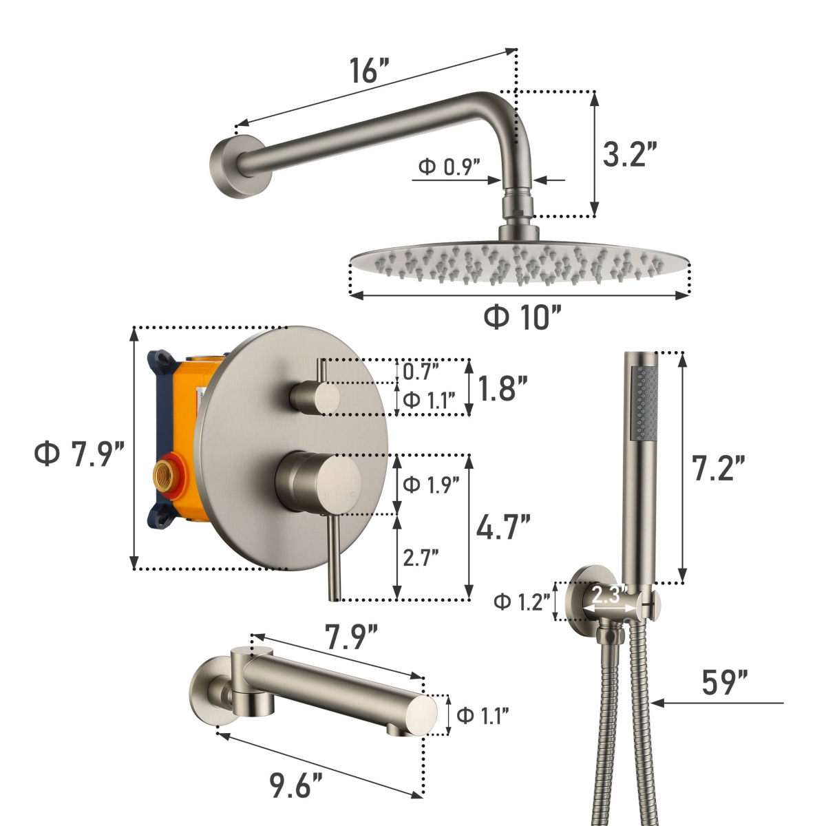 Mondawe 10-Inch Three-function Wall-mounted Round Shower Set With Swivel Bathtub Spout in Brushed Gold