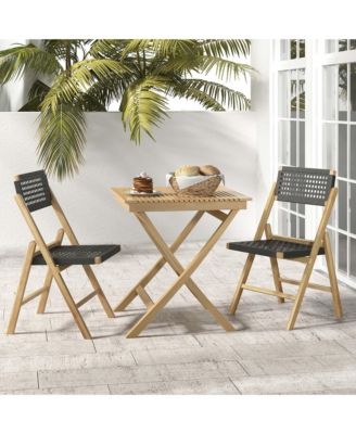 2 Piece Patio Folding Chairs with Woven Rope Seat & High Back Teak Wood for Porch