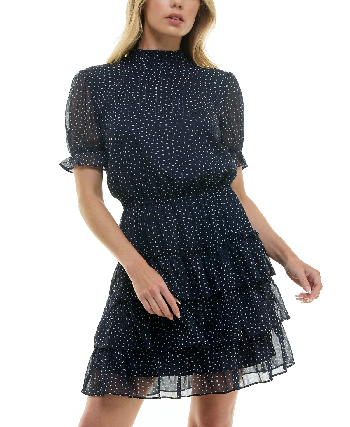 Juniors' Printed-Chiffon Short-Sleeve Fit & Flare Dress - Navy/white