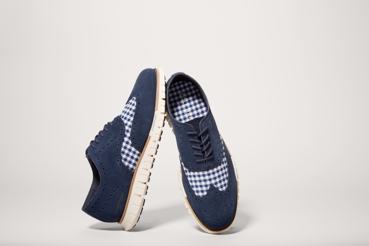 Cole Haan Men's ZERGRAND Remastered Lace-Up Wingtip Oxford Dress Shoes - Navy Blazer Blue Gingham-Ivory