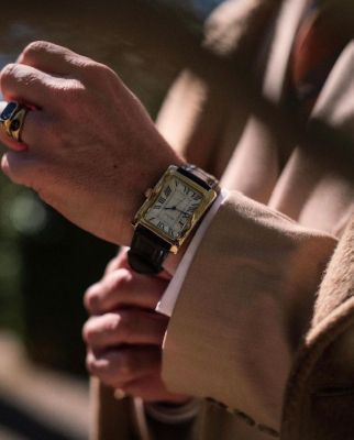 Men's 43x30 mm Black Vintage Like Tank Leather Strap Watch