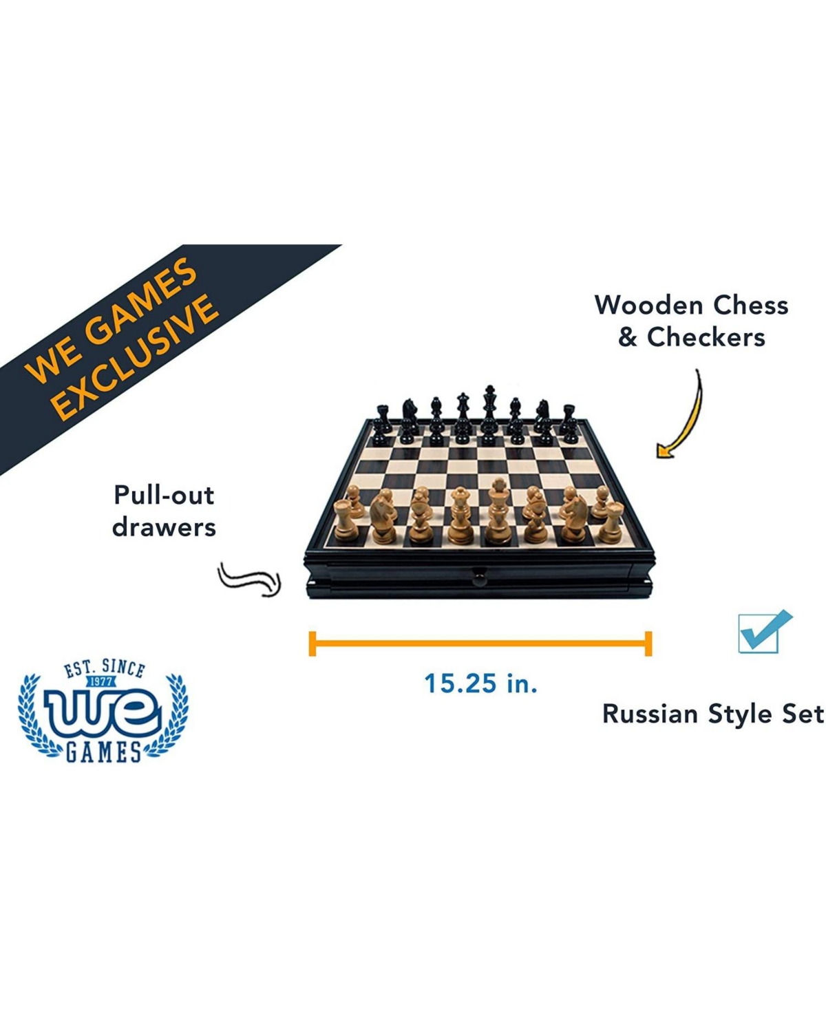We Games French Staunton Chess & Checkers Set - Weighted Pieces, Black Stained Wooden Board with Storage Drawers - 15 in.