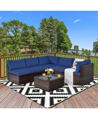 6PCS Rattan Outdoor Sectional Sofa Set Patio Furniture Set w/ Navy Cushions