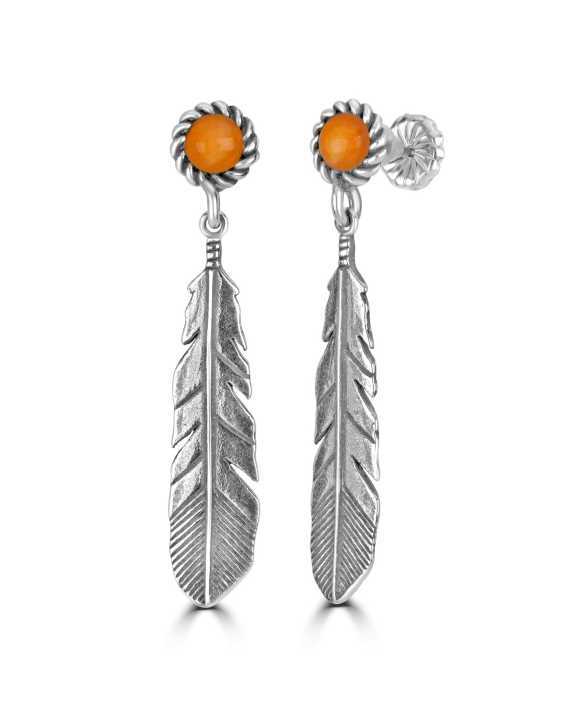 Sterling Silver Feather and Genuine Gemstone Dangle Earrings - Orange spiny oyster