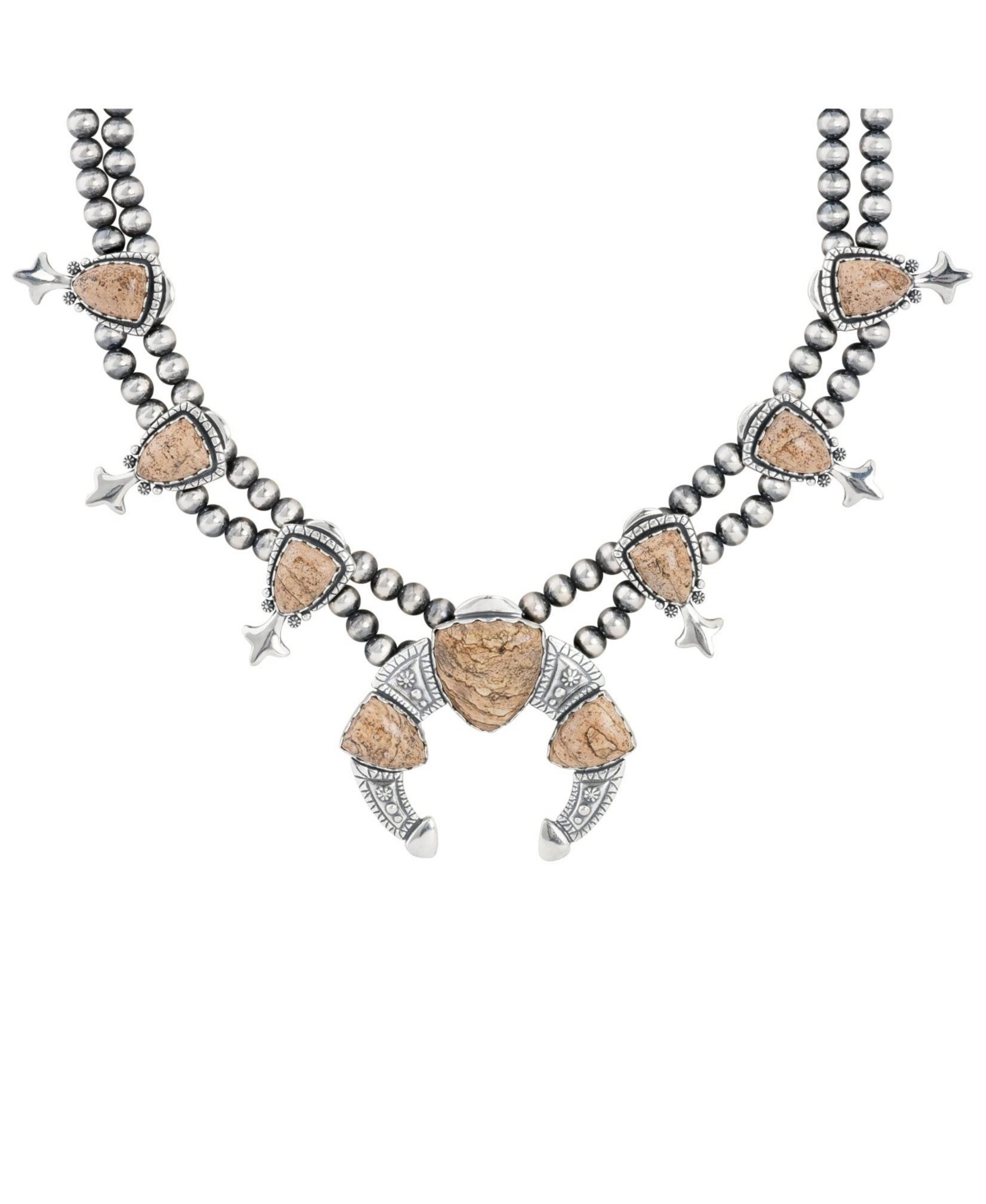 Sterling Silver Women's Genuine Gemstone Squash Blossom Statement Necklace,18 to 21 inches - Picture jasper