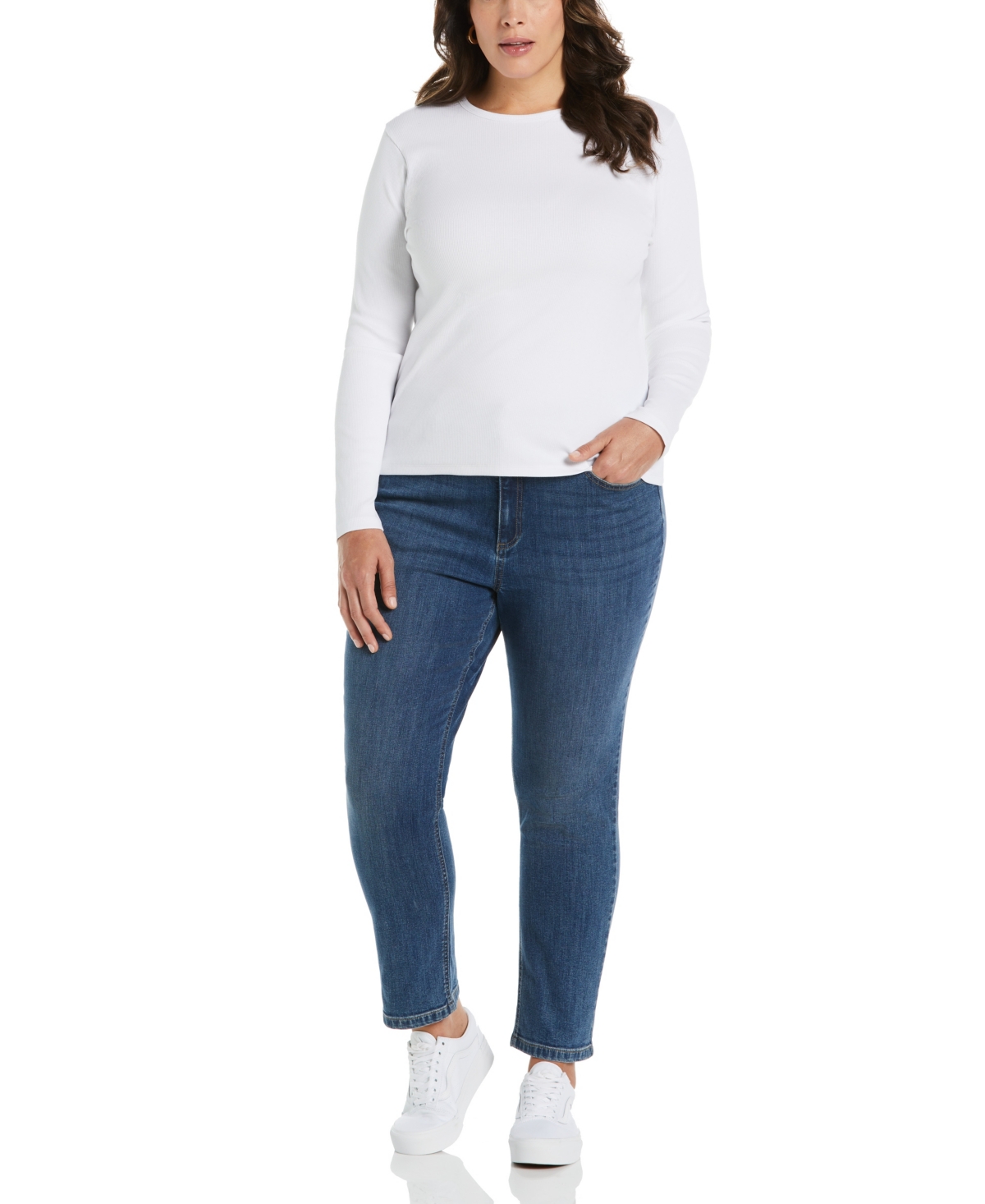 Shop Ella Rafaella Plus Size Ribbed Crew Neck Long Sleeve Top In White