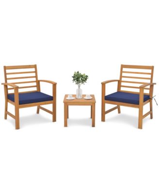 3 PCS Outdoor Furniture Set Acacia Wood Conversation Set with Soft Seat Cushions