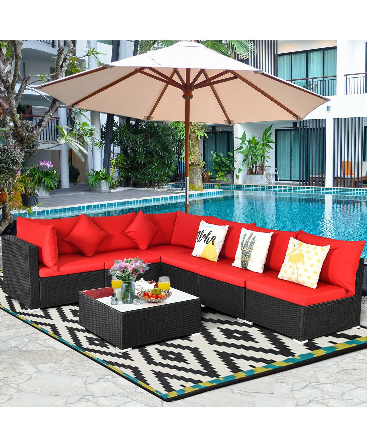 7 Pieces Sectional Wicker Furniture Sofa Set Conversation Sets with Tempered Glass Top
