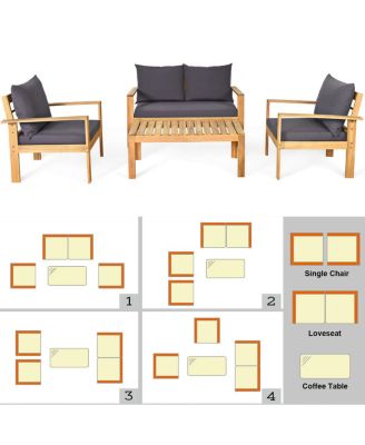 Outdoor 4 Pieces Acacia Wood Conversation Sets with Water Resistant Cushions