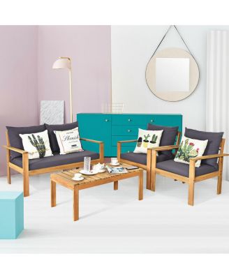 Outdoor 4 Pieces Acacia Wood Conversation Sets with Water Resistant Cushions