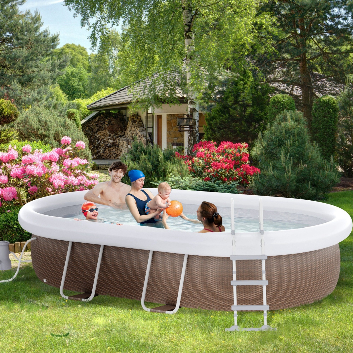 Outsunny 3.5' Above Ground Swimming Pool, Semi-Inflatable Rectangular Steel Frame Pool with Filter Pump, Safety Ladder for 1-8 People, Bro