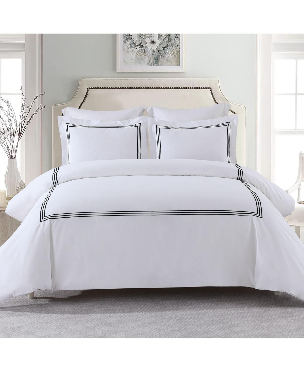 Egyptian Linens Adeline 100% Cotton Percale Embroidered Duvet Cover Set, Full/Queen
