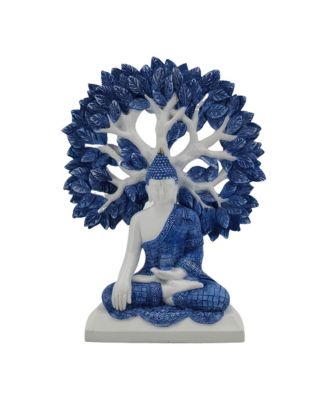 9.75"H Blue and White Buddha with Tree of Life Figurine Decoration Home Decor Perfect Gift for House Warming, Holidays and Birthdays