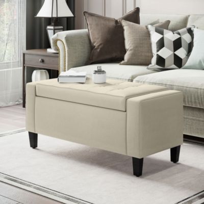 Recgular Tufted Linen Storage Ottoman Bench with Flipping Top