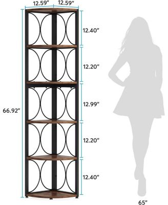 Tall Corner Shelf, 6 Tier Rustic Corner Bookshelf Bookcase Storage Rack Standing Shelving Unit