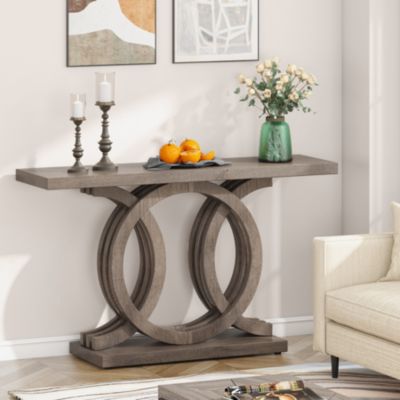 55 inches Console Table with Geometric Base, Farmhouse Hallway Table, Wooden Entryway Table, Vintage Sofa Table, Unique Long Accent Table